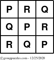 The grouppuzzles.com Answer grid for the TicTac-PQR puzzle for Friday December 25, 2020