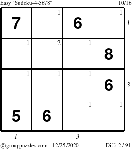 The grouppuzzles.com Easy Sudoku-4-5678 puzzle for Friday December 25, 2020, suitable for printing, with all 2 steps marked