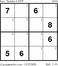 The grouppuzzles.com Easy Sudoku-4-5678 puzzle for Friday December 25, 2020 with the first 2 steps marked