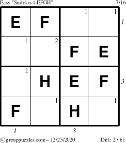 The grouppuzzles.com Easy Sudoku-4-EFGH puzzle for Friday December 25, 2020 with all 2 steps marked