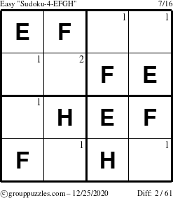 The grouppuzzles.com Easy Sudoku-4-EFGH puzzle for Friday December 25, 2020 with the first 2 steps marked