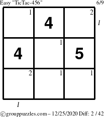 The grouppuzzles.com Easy TicTac-456 puzzle for Friday December 25, 2020 with all 2 steps marked