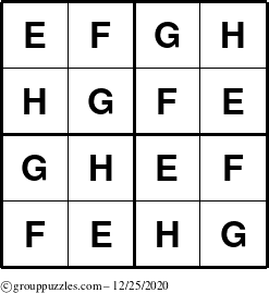 The grouppuzzles.com Answer grid for the Sudoku-4-EFGH puzzle for Friday December 25, 2020