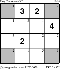 The grouppuzzles.com Easy Sudoku-4-OC puzzle for Friday December 25, 2020 with the first 3 steps marked