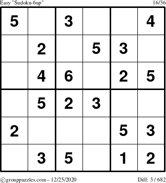 The grouppuzzles.com Easy Sudoku-6up puzzle for Friday December 25, 2020