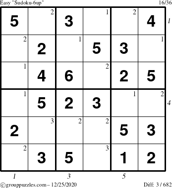 The grouppuzzles.com Easy Sudoku-6up puzzle for Friday December 25, 2020 with all 3 steps marked