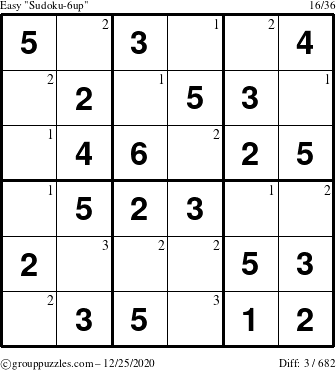 The grouppuzzles.com Easy Sudoku-6up puzzle for Friday December 25, 2020 with the first 3 steps marked