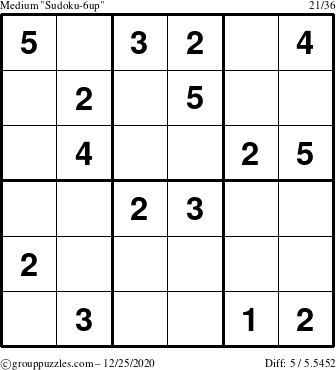 The grouppuzzles.com Medium Sudoku-6up puzzle for Friday December 25, 2020