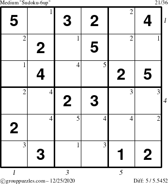 The grouppuzzles.com Medium Sudoku-6up puzzle for Friday December 25, 2020 with all 5 steps marked