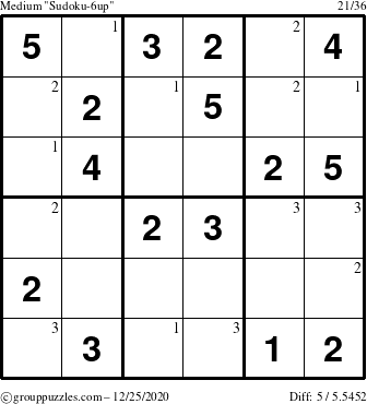 The grouppuzzles.com Medium Sudoku-6up puzzle for Friday December 25, 2020 with the first 3 steps marked