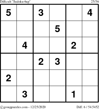 The grouppuzzles.com Difficult Sudoku-6up puzzle for Friday December 25, 2020