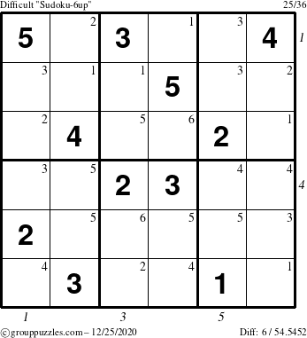 The grouppuzzles.com Difficult Sudoku-6up puzzle for Friday December 25, 2020 with all 6 steps marked