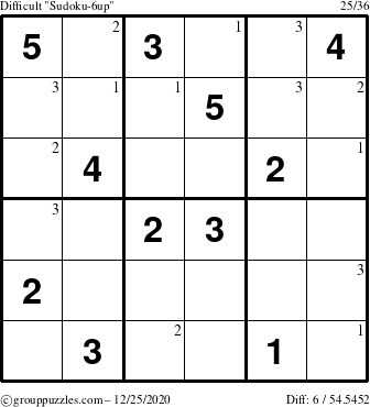 The grouppuzzles.com Difficult Sudoku-6up puzzle for Friday December 25, 2020 with the first 3 steps marked