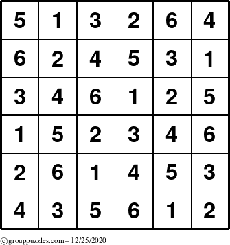 The grouppuzzles.com Answer grid for the Sudoku-6up puzzle for Friday December 25, 2020