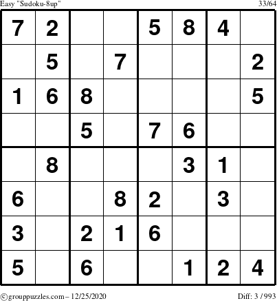 The grouppuzzles.com Easy Sudoku-8up puzzle for Friday December 25, 2020