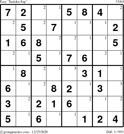 The grouppuzzles.com Easy Sudoku-8up puzzle for Friday December 25, 2020 with the first 3 steps marked