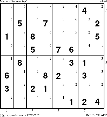 The grouppuzzles.com Medium Sudoku-8up puzzle for Friday December 25, 2020 with all 7 steps marked