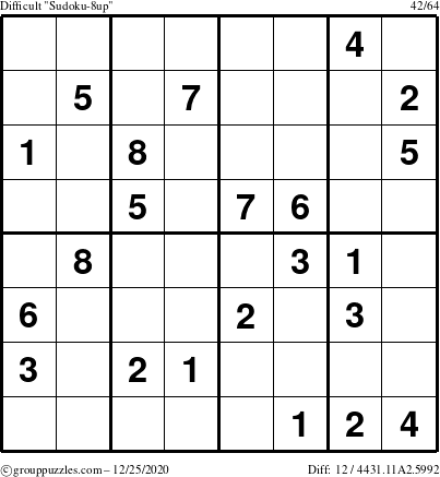 The grouppuzzles.com Difficult Sudoku-8up puzzle for Friday December 25, 2020