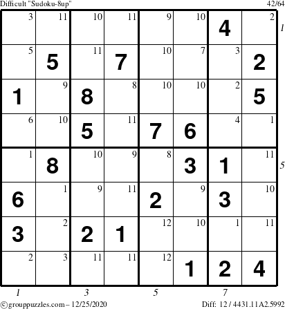 The grouppuzzles.com Difficult Sudoku-8up puzzle for Friday December 25, 2020, suitable for printing, with all 12 steps marked