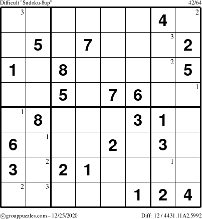 The grouppuzzles.com Difficult Sudoku-8up puzzle for Friday December 25, 2020 with the first 3 steps marked