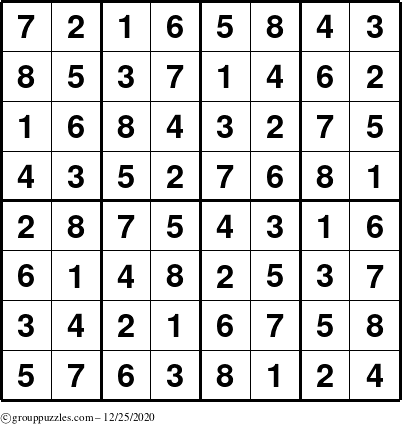 The grouppuzzles.com Answer grid for the Sudoku-8up puzzle for Friday December 25, 2020