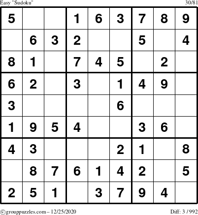 The grouppuzzles.com Easy Sudoku puzzle for Friday December 25, 2020