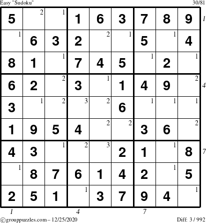 The grouppuzzles.com Easy Sudoku puzzle for Friday December 25, 2020, suitable for printing, with all 3 steps marked