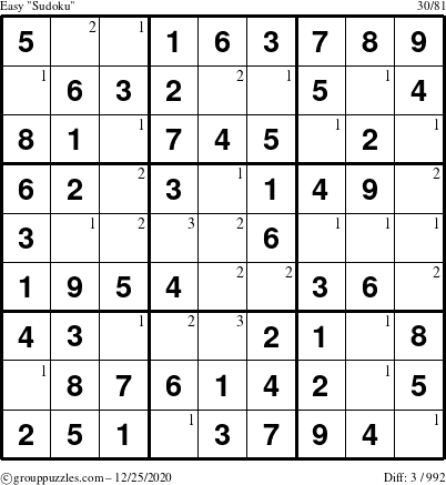 The grouppuzzles.com Easy Sudoku puzzle for Friday December 25, 2020 with the first 3 steps marked