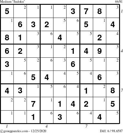 The grouppuzzles.com Medium Sudoku puzzle for Friday December 25, 2020 with all 6 steps marked