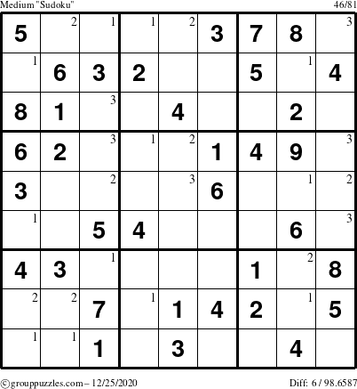 The grouppuzzles.com Medium Sudoku puzzle for Friday December 25, 2020 with the first 3 steps marked