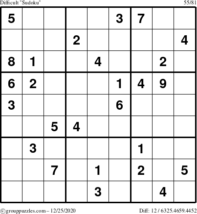 The grouppuzzles.com Difficult Sudoku puzzle for Friday December 25, 2020