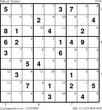 The grouppuzzles.com Difficult Sudoku puzzle for Friday December 25, 2020, suitable for printing, with all 12 steps marked