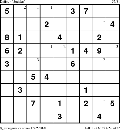 The grouppuzzles.com Difficult Sudoku puzzle for Friday December 25, 2020 with the first 3 steps marked