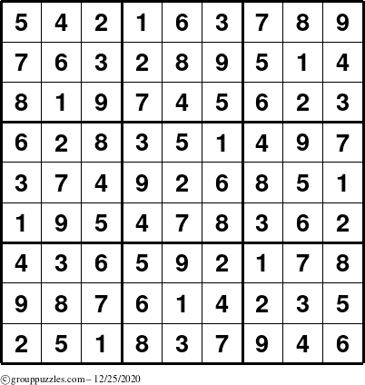 The grouppuzzles.com Answer grid for the Sudoku puzzle for Friday December 25, 2020