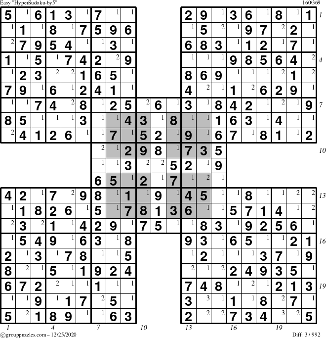 The grouppuzzles.com Easy HyperSudoku-by5 puzzle for Friday December 25, 2020 with all 3 steps marked