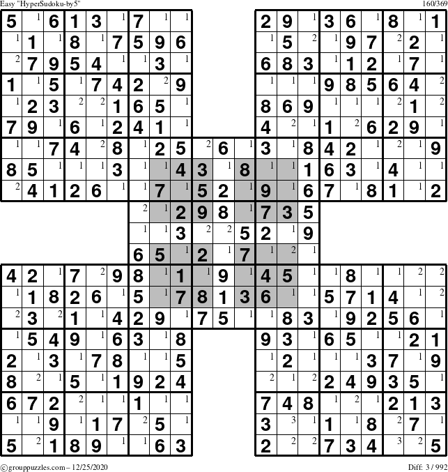 The grouppuzzles.com Easy HyperSudoku-by5 puzzle for Friday December 25, 2020 with the first 3 steps marked