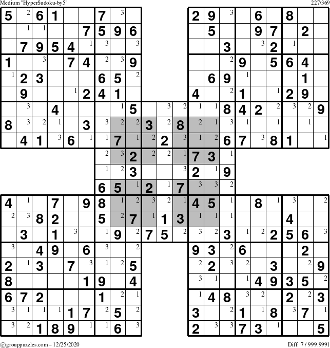 The grouppuzzles.com Medium HyperSudoku-by5 puzzle for Friday December 25, 2020 with the first 3 steps marked