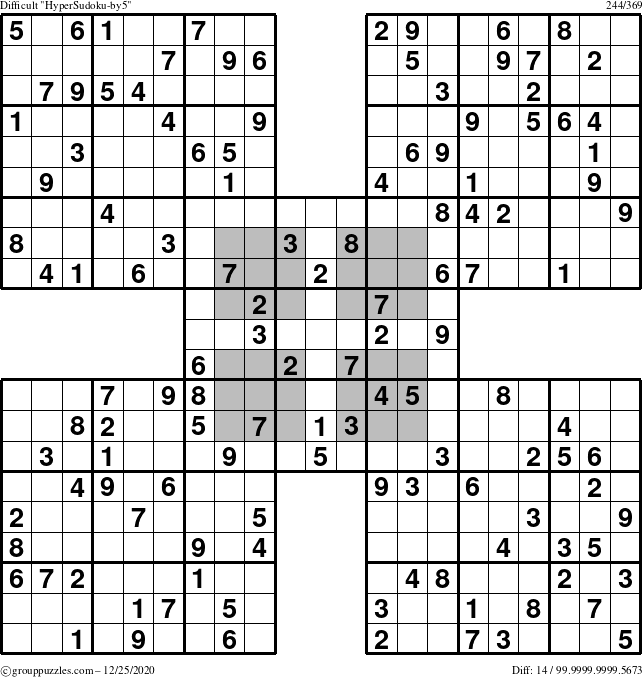 The grouppuzzles.com Difficult HyperSudoku-by5 puzzle for Friday December 25, 2020