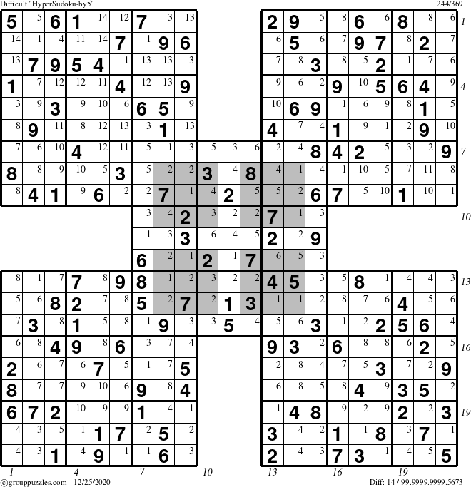 The grouppuzzles.com Difficult HyperSudoku-by5 puzzle for Friday December 25, 2020, suitable for printing, with all 14 steps marked