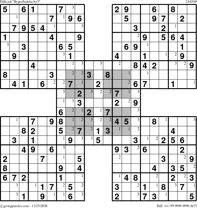 The grouppuzzles.com Difficult HyperSudoku-by5 puzzle for Friday December 25, 2020 with the first 3 steps marked