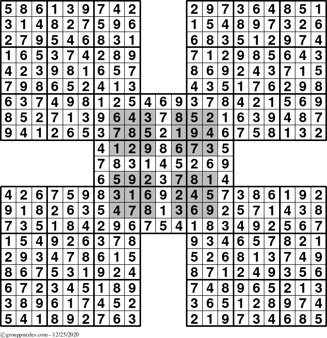 The grouppuzzles.com Answer grid for the HyperSudoku-by5 puzzle for Friday December 25, 2020