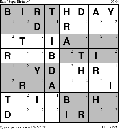 The grouppuzzles.com Easy Super-Birthday puzzle for Friday December 25, 2020 with the first 3 steps marked