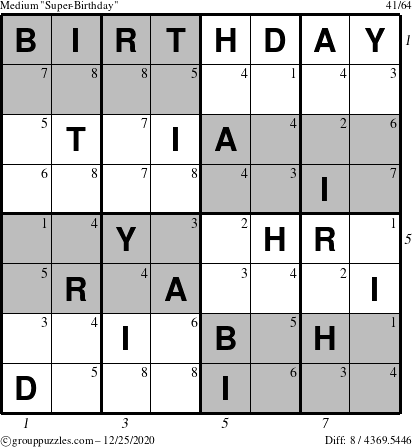 The grouppuzzles.com Medium Super-Birthday puzzle for Friday December 25, 2020 with all 8 steps marked