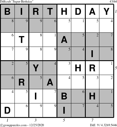 The grouppuzzles.com Difficult Super-Birthday puzzle for Friday December 25, 2020 with all 9 steps marked