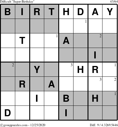 The grouppuzzles.com Difficult Super-Birthday puzzle for Friday December 25, 2020 with the first 3 steps marked