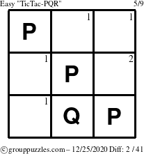 The grouppuzzles.com Easy TicTac-PQR puzzle for Friday December 25, 2020 with the first 2 steps marked