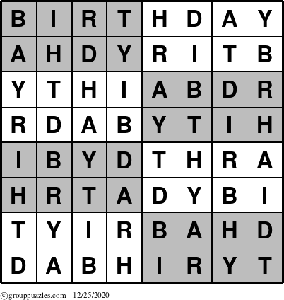 The grouppuzzles.com Answer grid for the Super-Birthday puzzle for Friday December 25, 2020