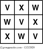 The grouppuzzles.com Answer grid for the TicTac-VWX puzzle for Wednesday December 2, 2020