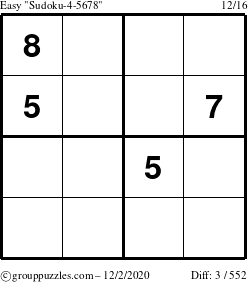 The grouppuzzles.com Easy Sudoku-4-5678 puzzle for Wednesday December 2, 2020