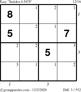 The grouppuzzles.com Easy Sudoku-4-5678 puzzle for Wednesday December 2, 2020 with all 3 steps marked